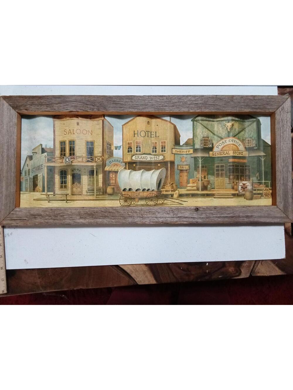 Rustic Western Town 3D Wall Art with Covered Wagon 22X11"